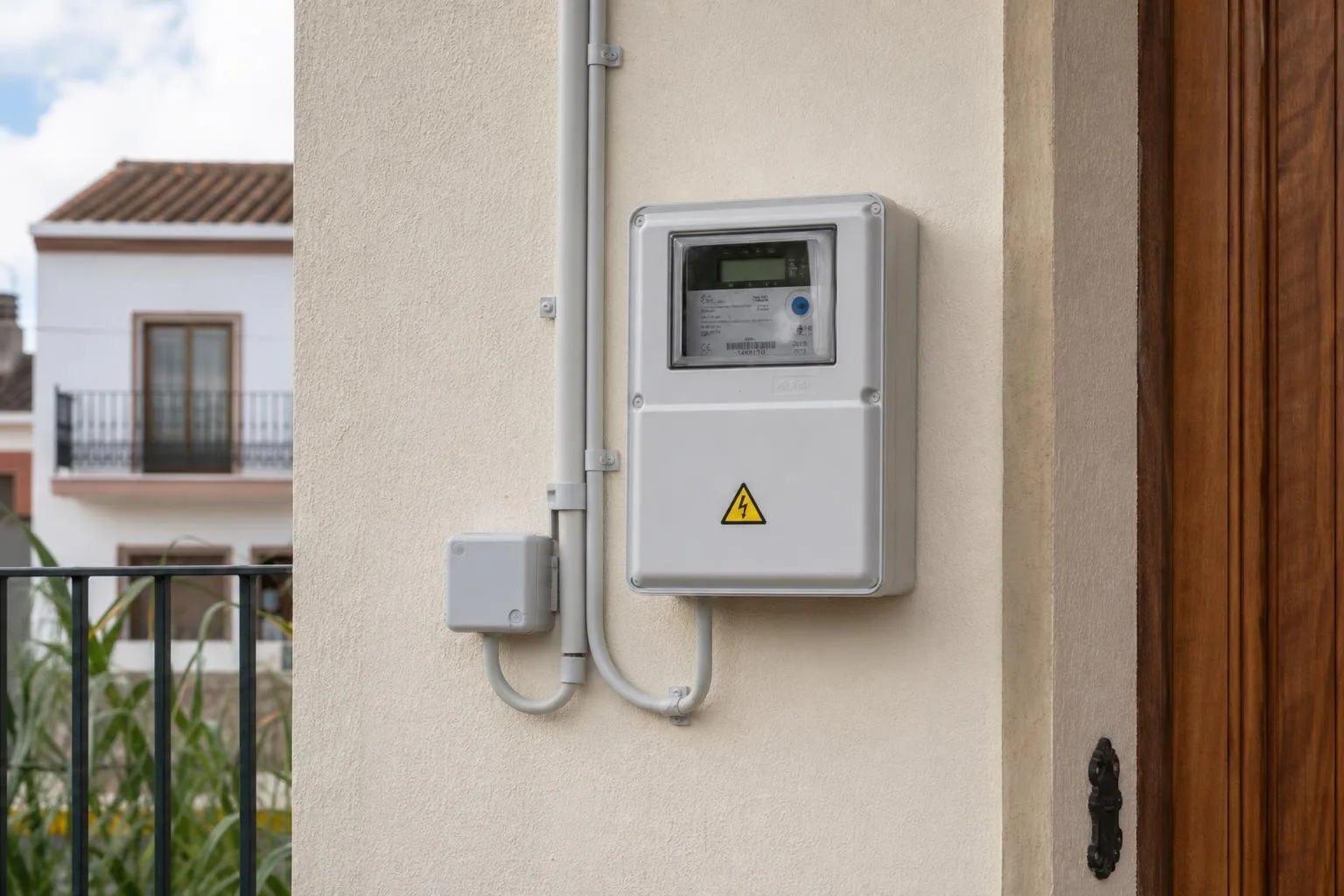 Caja de contador en la fachada de una casa con cableado nuevo y ordenado