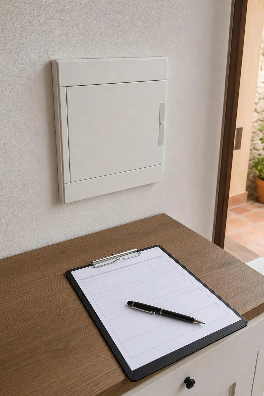 Documentación técnica sobre una mesa junto a un cuadro eléctrico