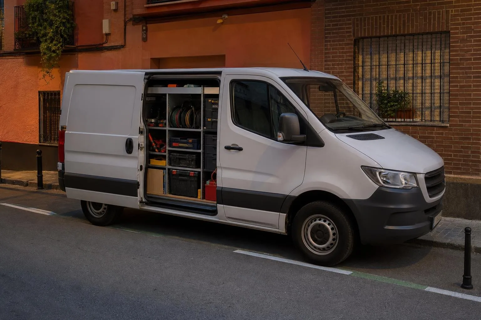 Furgoneta de trabajo con herramientas y cables aparcada en una calle de Madrid