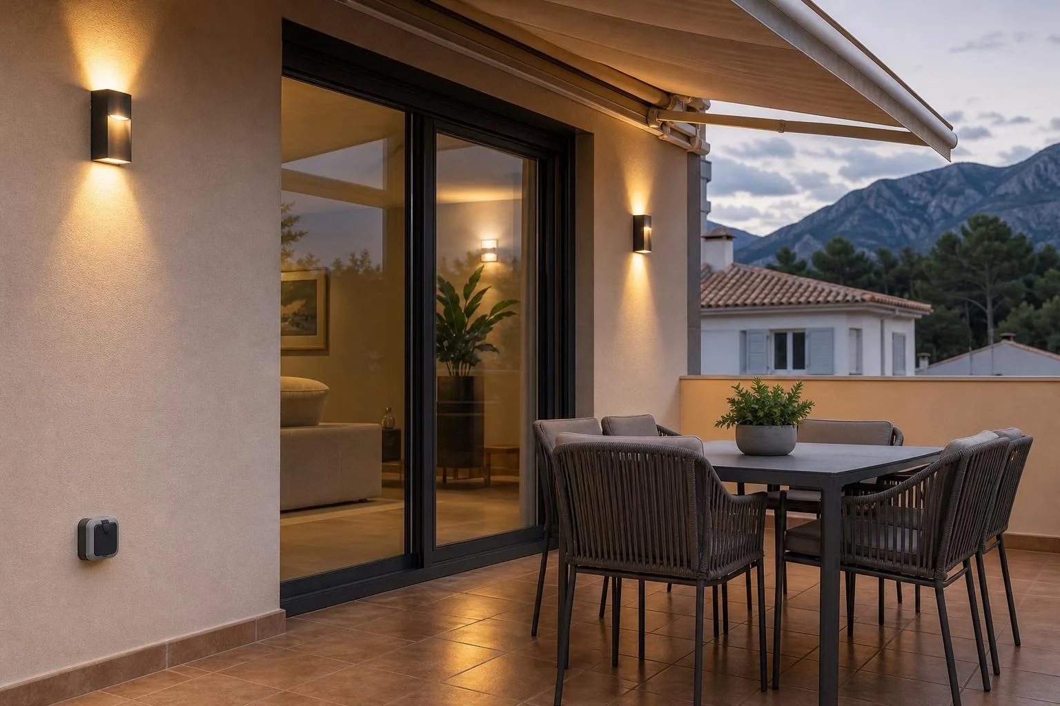 Terraza con apliques exteriores y base de enchufe estanca