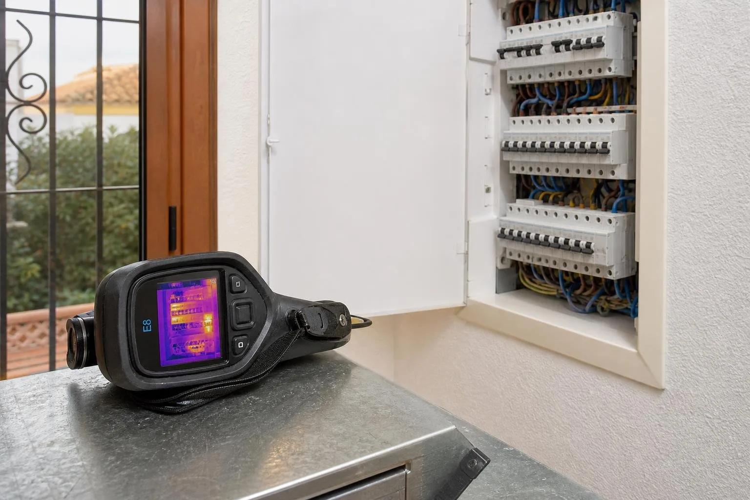 Cámara termográfica junto a un cuadro eléctrico abierto