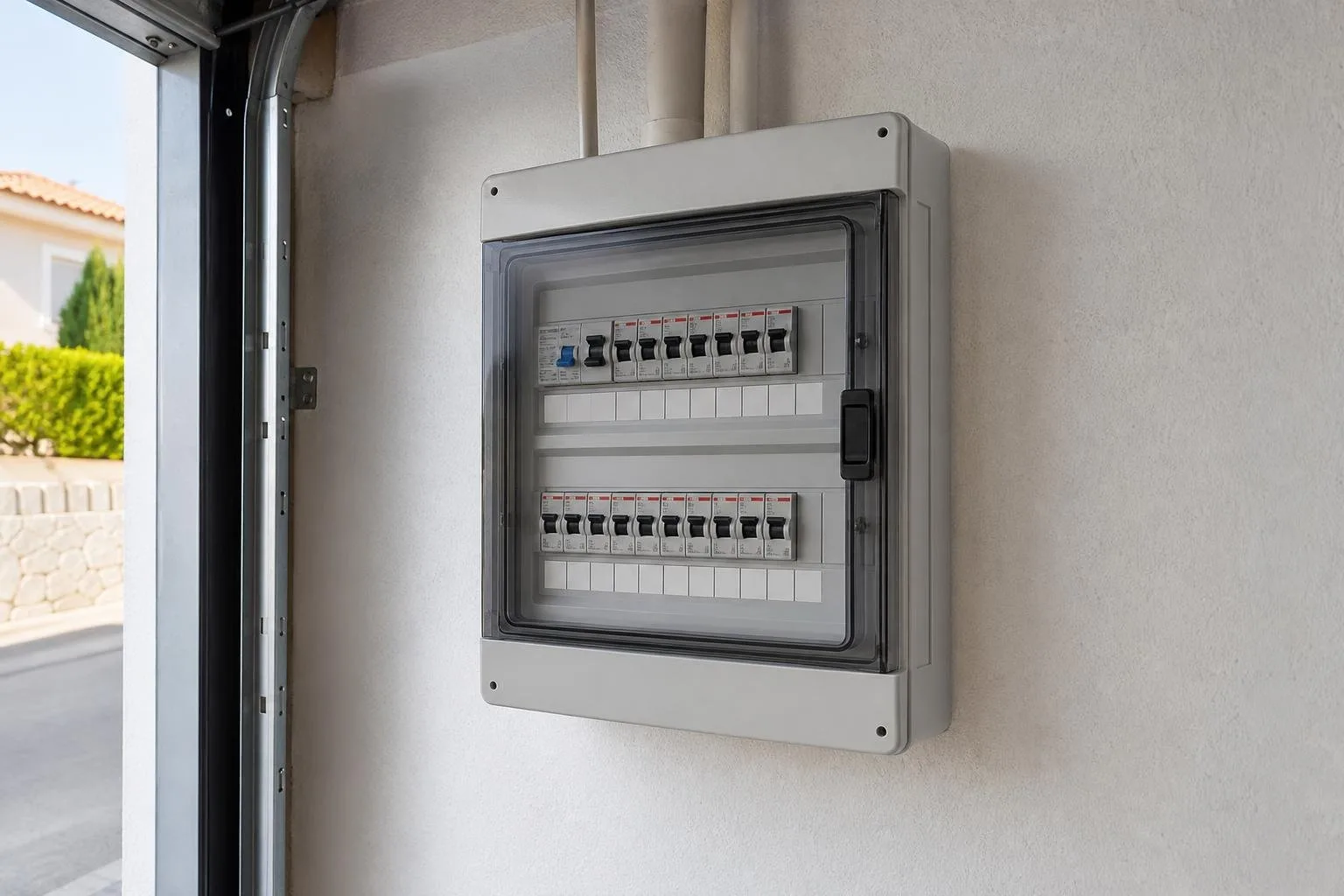 Cuadro eléctrico en el garaje de una casa con todo ordenado