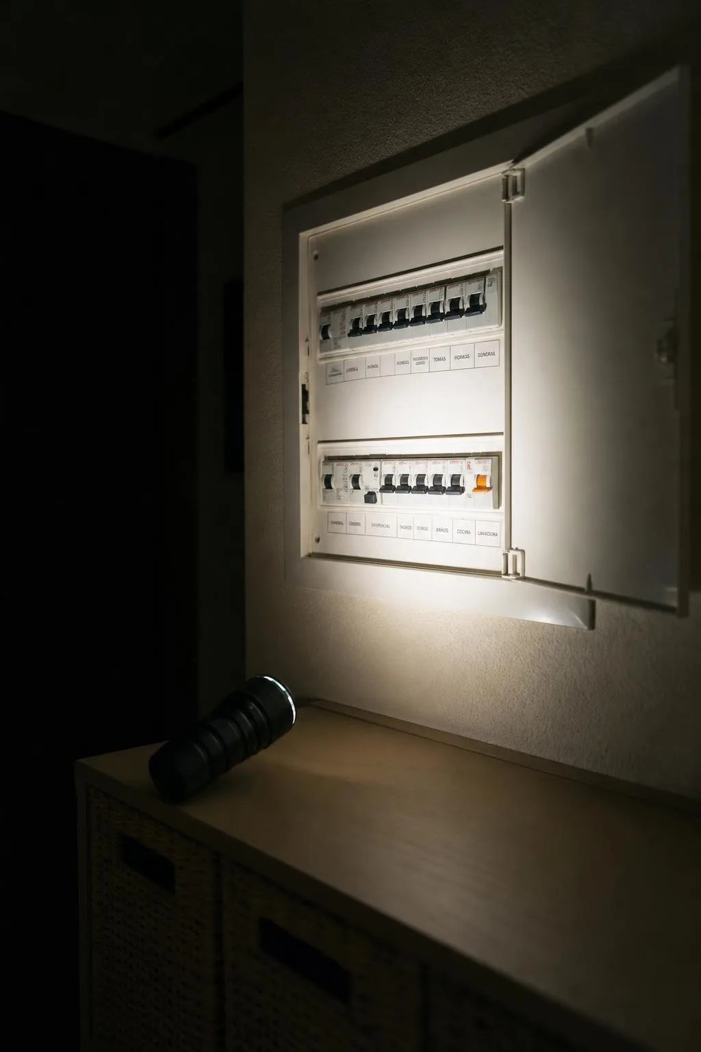 Cuadro eléctrico de una vivienda iluminado con una linterna en un pasillo a oscuras