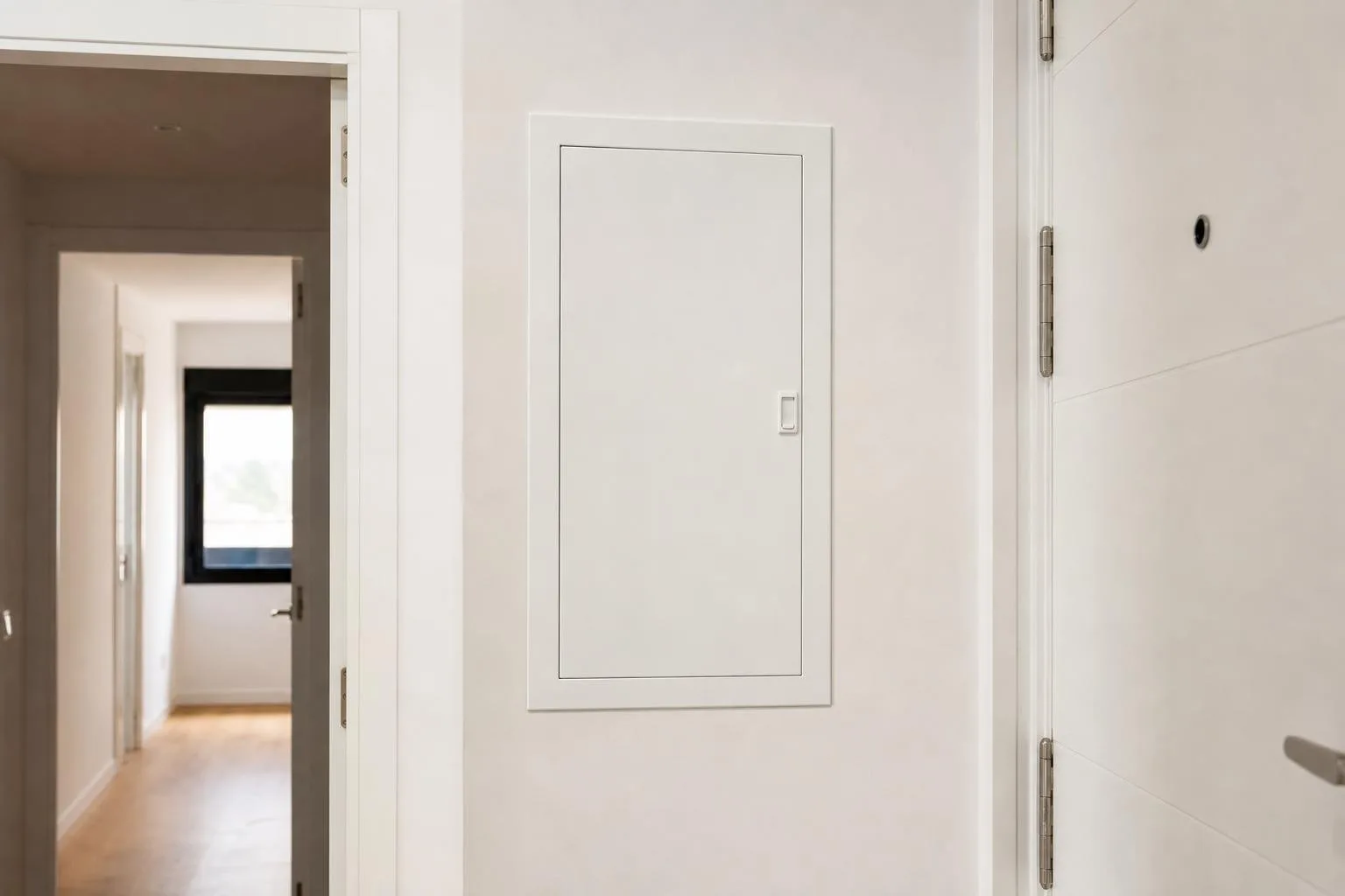 Cuadro eléctrico empotrado con puerta cerrada en el pasillo de un piso