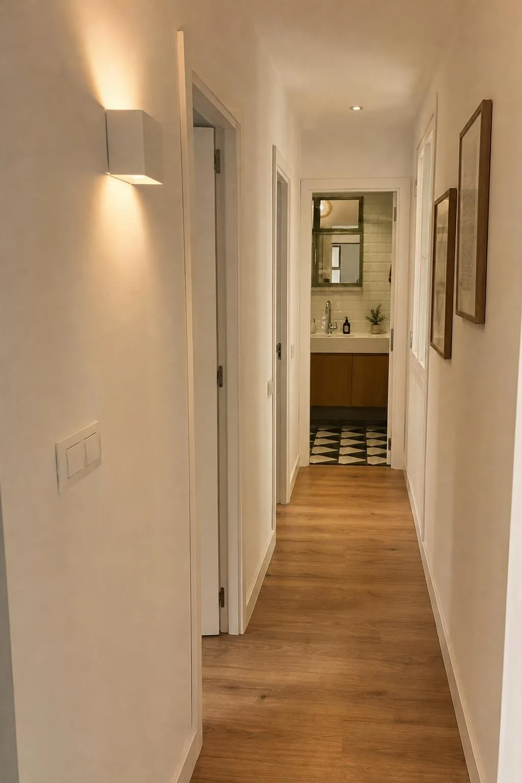 Pasillo de un piso con interruptores nuevos y aplique encendido