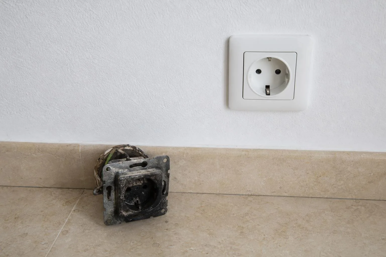 Enchufe quemado junto al enchufe nuevo ya instalado en la pared